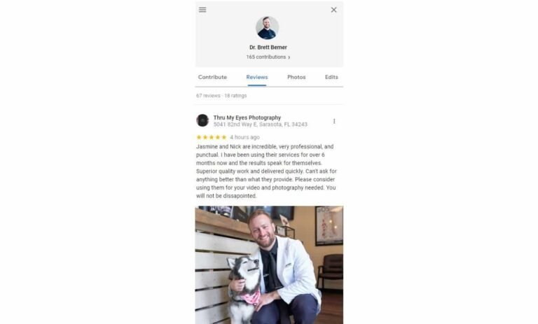 Dr Brett Berner Google Review Five Stars Videography Sarasota Florida