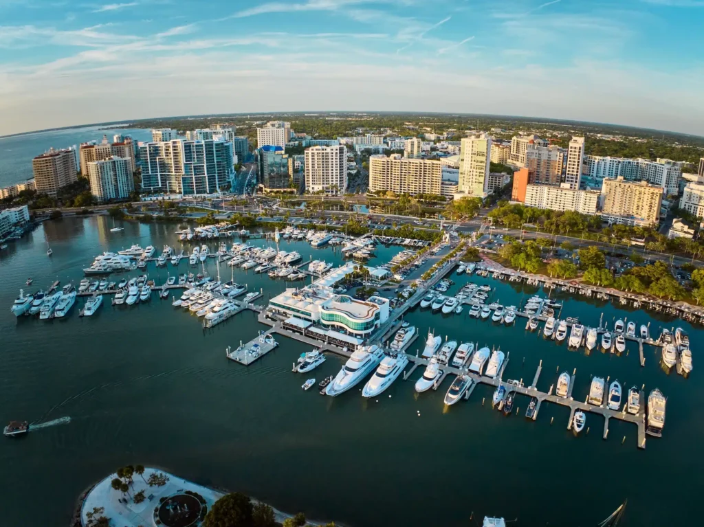 Aerial Drone View of Sarasota Marina Jack and Downtown Sarasota Luxury