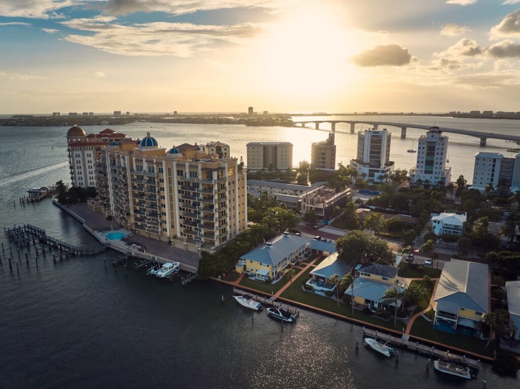 Downtown Sarasota Aerial Drown Photograph Ringling Bridge Sunset Sarasota Drone Photographer