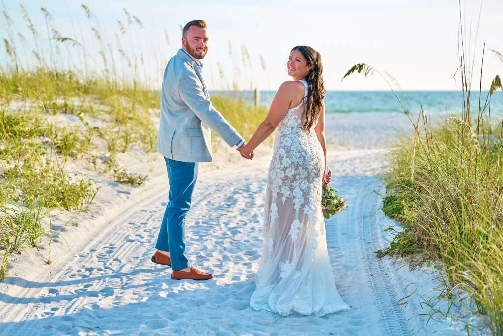 Sarasota wedding portrait of bride and groom in beach setting