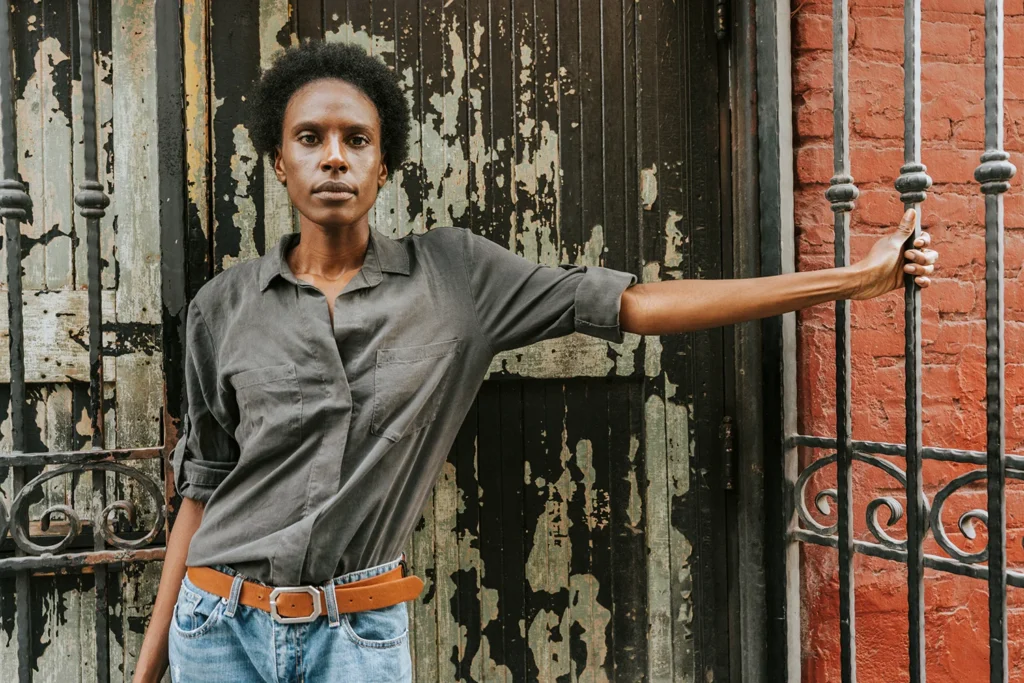 Fashion photography shoot of female model in urban environment headshot