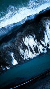 Aerial Drone Photography Landscape black sand beach at Reynisfjara Beach, Iceland